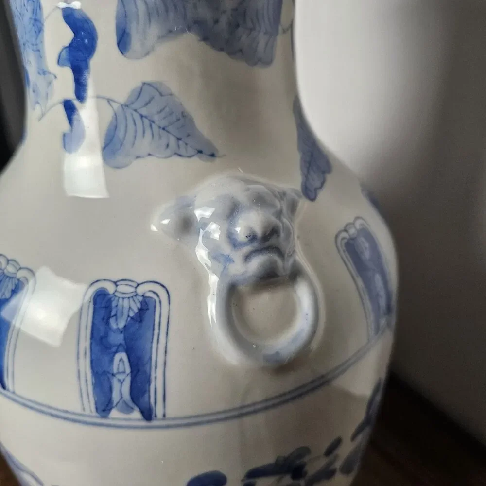 Vintage Chinoiserie Blue White Porcelain Vase Foo Dog Lion Handles Floral 15